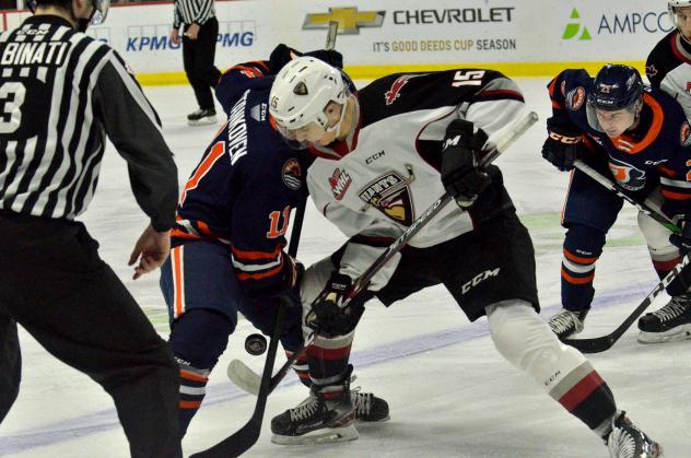 Vancouver Giants centre Holden Katzalay faces off with the Kamloops Blazers