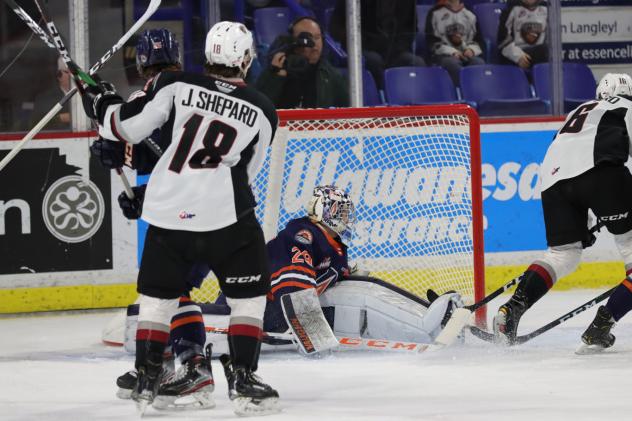Vancouver Giants left wing Jackson Shepard shoots vs. the Kamloops Blazers