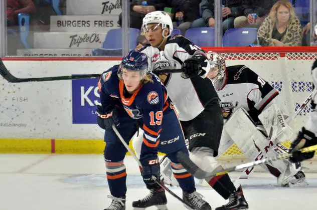 Vancouver Giants defenceman Alex Kannok Leipert (right) vs. the Kamloops Blazers