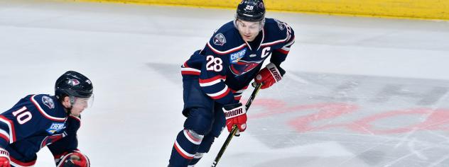 South Carolina Stingrays forwards Cole Ully and Andrew Cherniwchan (center)