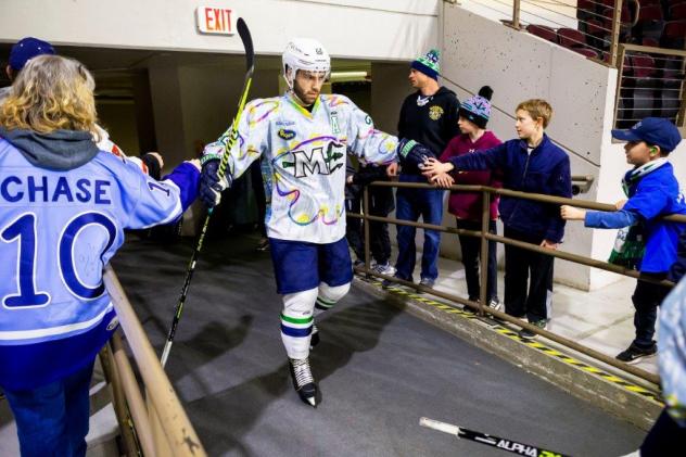 Maine Mariners enter the ice in their Make-A-Wish jerseys