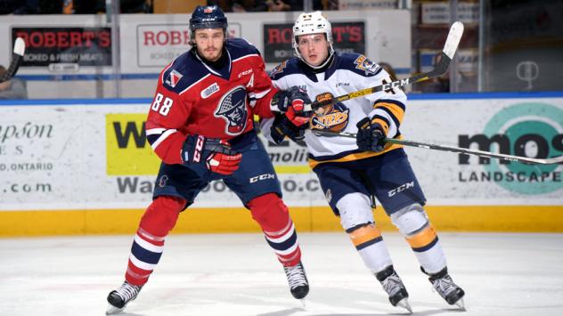 Kitchener Rangers centre Greg Meireles (left) vs. the Erie Otters
