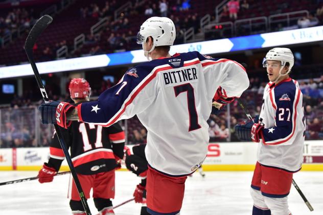Cleveland Monsters left wing Paul Bittner vs. the Grand Rapids Griffins
