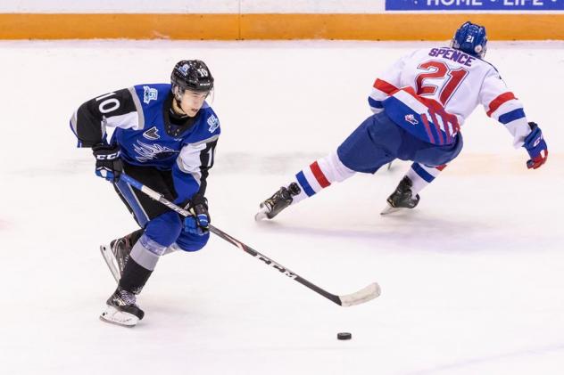 Saint John Sea Dogs left wing Charles Savoie vs. the Moncton Wildcats