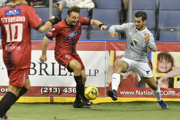 Ontario Fury forward Steve Merker (center) vs. the San Diego Sockers