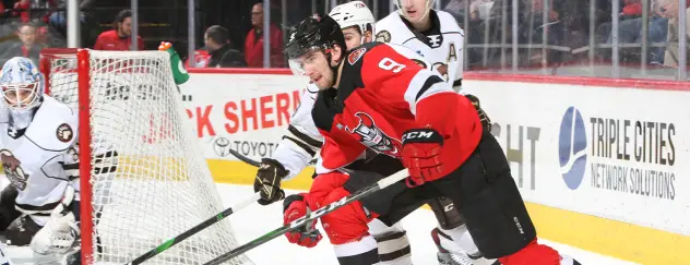 Binghamton Devils center Michael McLeod vs. the Hershey Bears