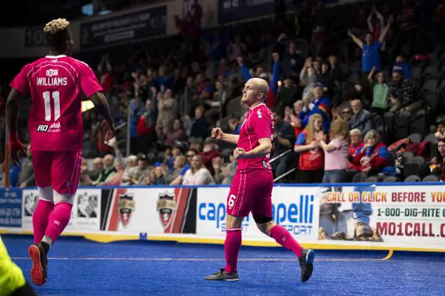 Adam James (right) and Kiel Williams of the Kansas City Comets react after a goal against the St. Louis Ambush