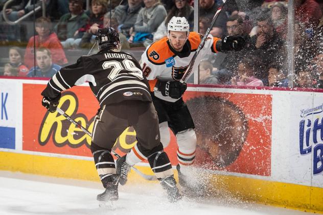 Lehigh Valley Phantoms forward Carsen Twarynski up against the boards vs. the Hershey Bears