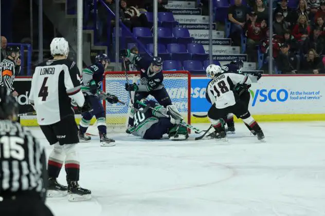 Vancouver Giants left wing Jackson Shepard (right) vs. the Seattle Thunderbirds