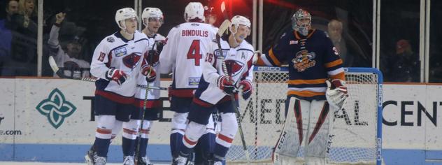 South Carolina Stingrays after a goal against the Greenville Swamp Rabbits