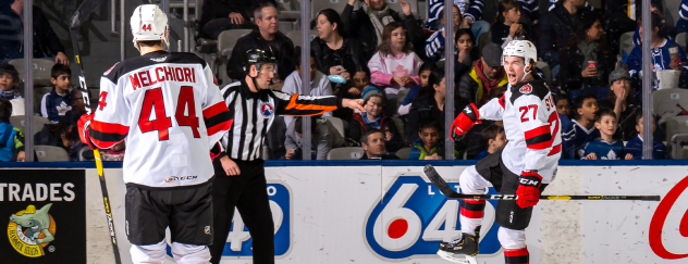 Binghamton Devils right wing Marian Studenic (right) and defenseman Julian Melchiori vs. the Toronto Marlies