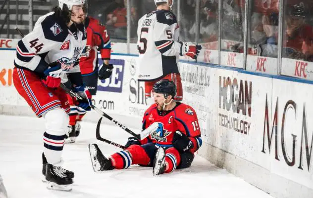 Springfield Thunderbirds right wing Paul Thompson reacts after a score vs. the Hartford Wolf Pack