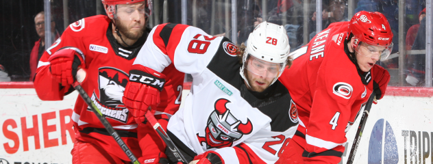 Binghamton Devils left wing Brandon Gignac vs. the Charlotte Checkers