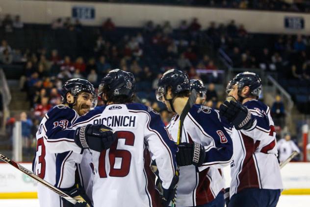 Tulsa Oilers celebrate a goal against the Allen Americans