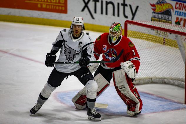 Jordan Nolan of the San Antonio Rampage sets a screen in front of Rockford IceHogs goaltender Collin Delia