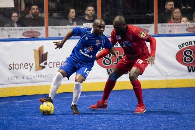 Ontario Fury defender Uzi Tayou (right) vs. Leo Gibson of the Kansas City Comets