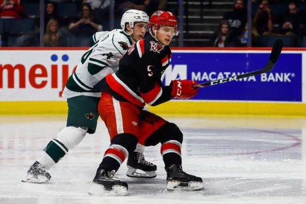 Grand Rapids Griffins defenseman Gustav Lindstrom (right)