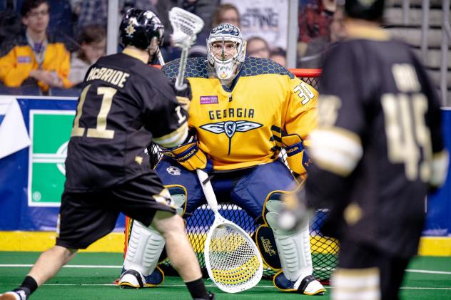 Georgia Swarm goalie Mike Poulin vs. the Vancouver Warriors