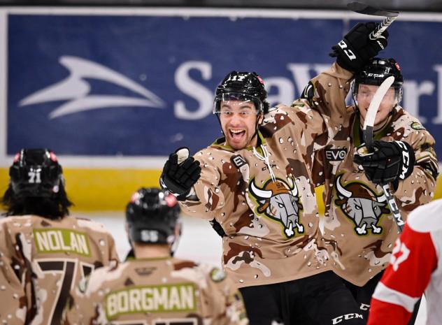 Josh Ho-Sang of the San Antonio Rampage celebrates game-winning goal against the Grand Rapids Griffins