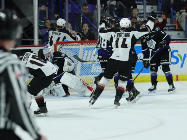 Vancouver Giants react after Bowen Byram's goal against the Victoria Royals