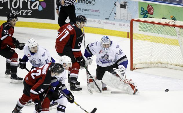 Vancouver Giants centre Kaden Kohle pressures the Victoria Royals
