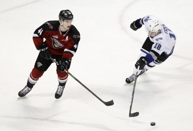Vancouver Giants defenceman Bowen Byram (left) vs. the Victoria Royals