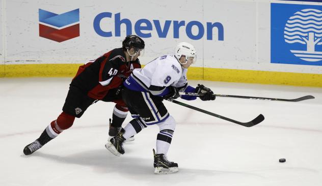 Vancouver Giants centre Milos Roman (left) fights for the puck vs. the Victoria Royals
