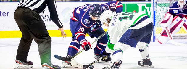 South Carolina Stingrays forward Cameron Askew (left) faces off with the Maine Mariners