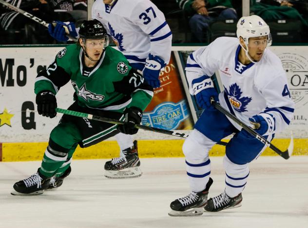 Texas Stars center Rhett Gardner (left) vs. the Toronto Marlies