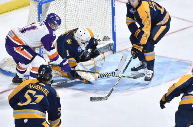 Atlanta Gladiators goaltender Sean Bonar vs. the Orlando Solar Bears