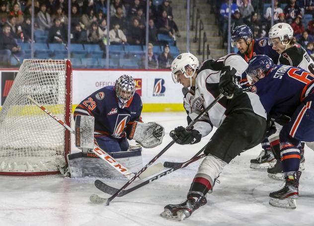 Vancouver Giants centre Holden Katzalay moves in on the Kamloops Blazers net