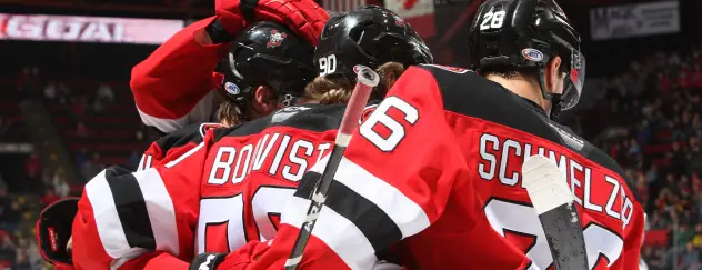 Binghamton Devils celebrate a goal against the Wilkes-Barre/Scranton Penguins