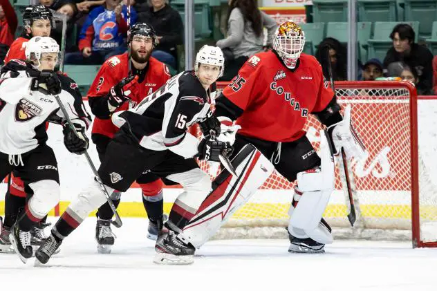 Vancouver Giants centre Holden Katzalay in front of the Prince George Cougars' net