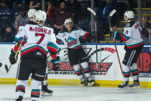 Trevor Wong of the Kelowna Rockets Reacts after a goal