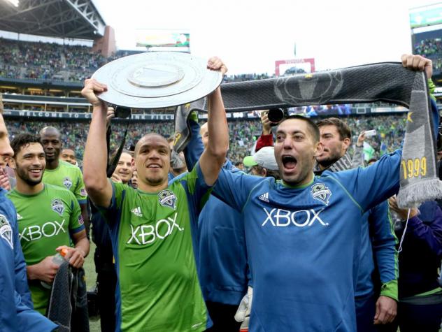 Seattle Sounders FC celebrates after defeating the LA Galaxy to claim the 2014 Supporters' Shield