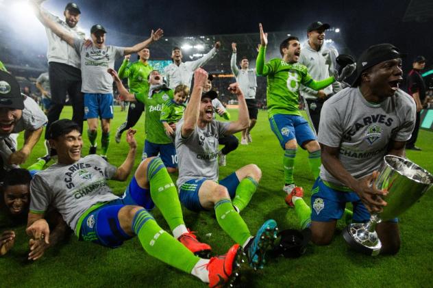 Seattle Sounders FC celebrates their 2019 Western Conference Final victory over LAFC