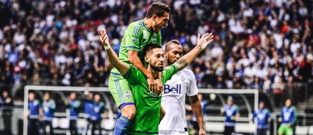 Seattle Sounders FC celebrate during their 2015 Cascadia Cup-clinching victory over Vancouver Whitecaps FC