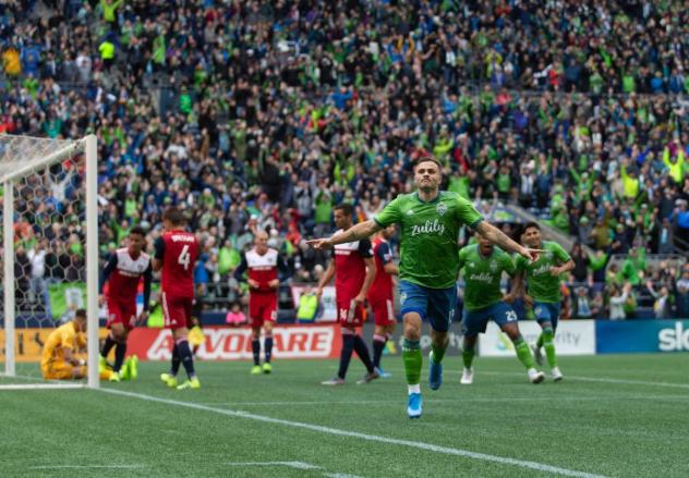 Jordan Morris of Seattle Sounders FC celebrates his goal again FC Dallas during Round One of the 2019 Audi MLS Cup Playoffs