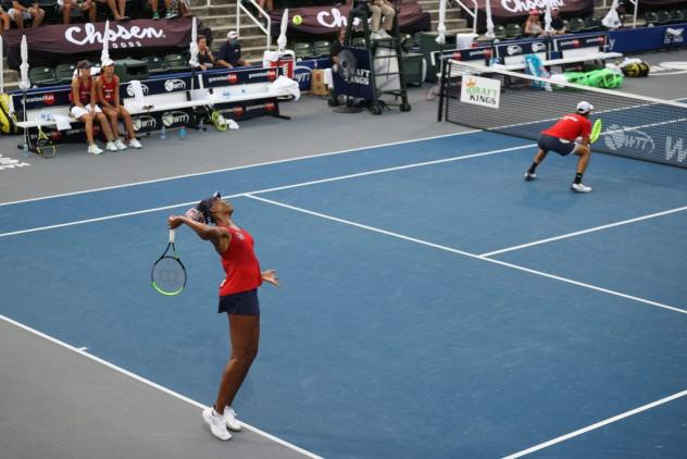 Venus Williams serving in mixed doubles action for the Washington Kastles