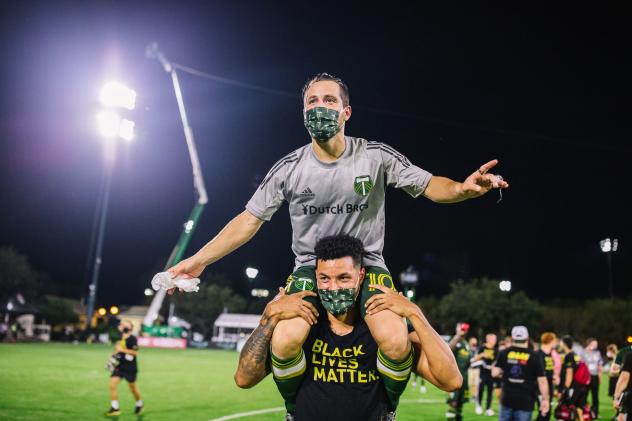 Portland Timbers celebrate their victory over the Philadelphia Union at the MLS Is Back Tournament