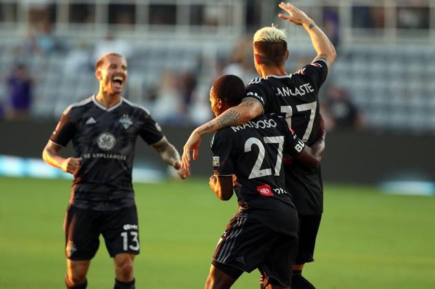 Louisville City FC celebrates a goal against Sporting Kansas City II