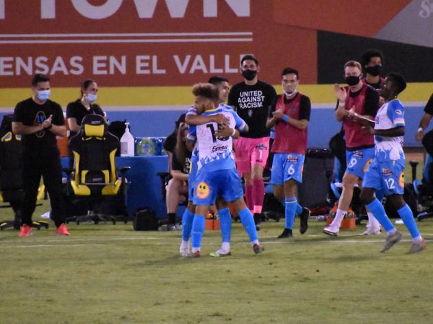Las Vegas Lights FC celebrates a goal against Tacoma Defiance
