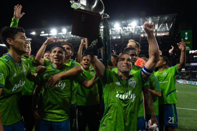 Seattle Sounders FC hoists the Cascadia Cup after securing the trophy in 2019 with a 2-1 win at the Portland Timbers