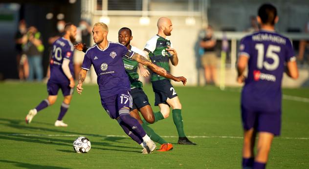 Louisville City FC forward Cameron Lancaster with possession vs. Saint Louis FC