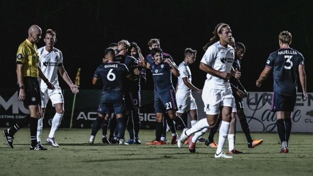 South Georgia Tormenta FC celebrates a goal against Union Omaha