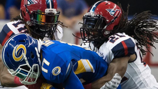 Defensive back Michael Knight with the Washington Valor makes a tackle against the Tampa Bay Storm