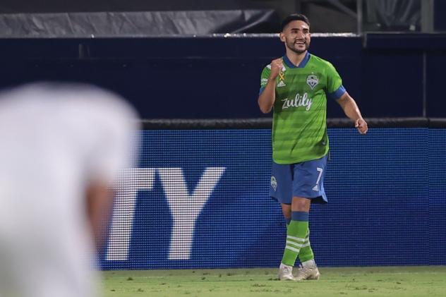 Cristian Roldan of Seattle Sounders FC scored twice on Sunday vs. the LA Galaxy