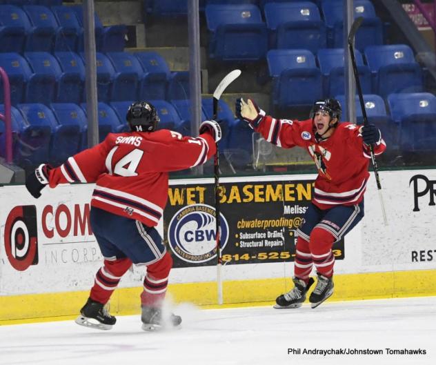 Johnstown Tomahawks celebrate a goal against the Team USA National Development Team
