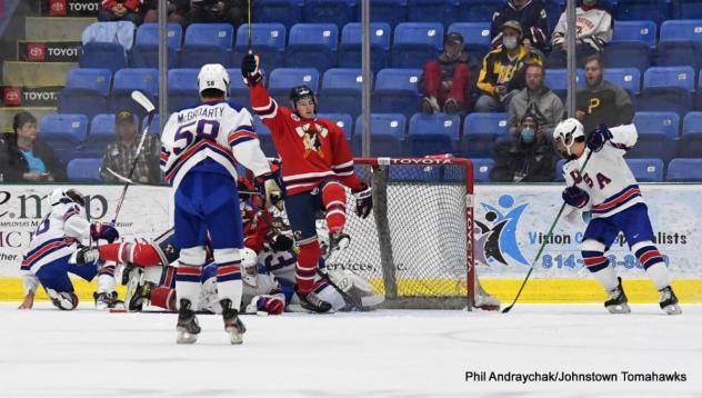 Johnstown Tomahawks celebrate a goal against the Team USA National Development Team