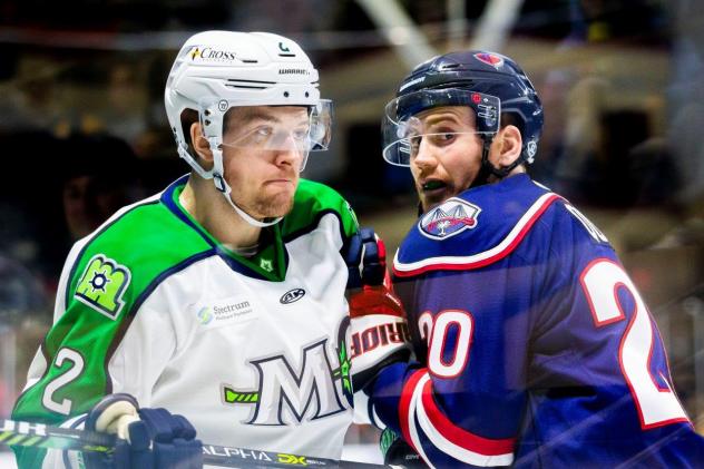 Maine Mariners defenseman Dallas Rossiter (left)